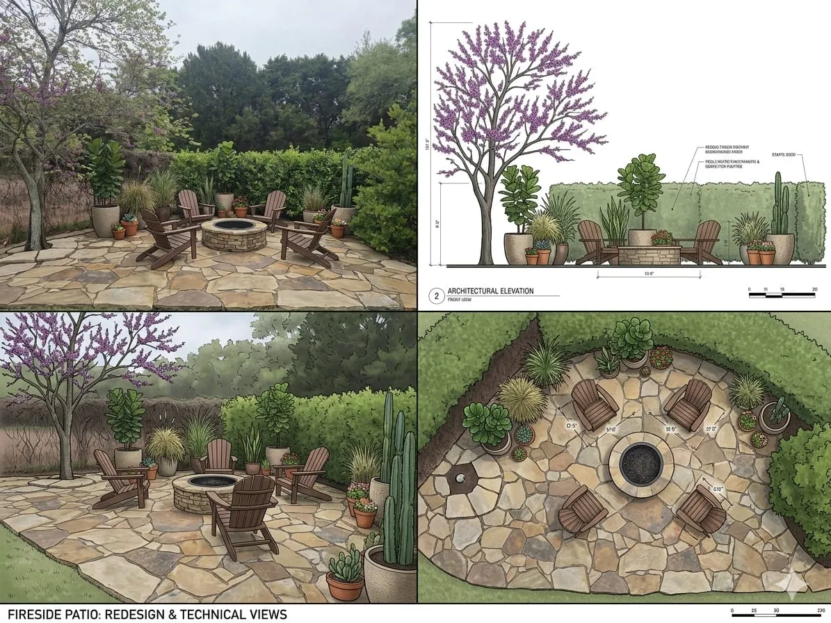 Landscape design board showing perspective and plan views for a backyard fire pit patio
