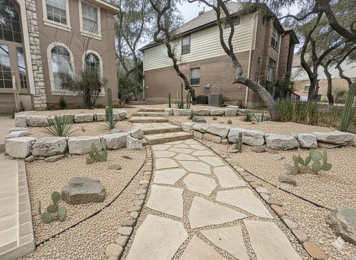 Finished flagstone front walkway framed by gravel beds and mature live oaks
