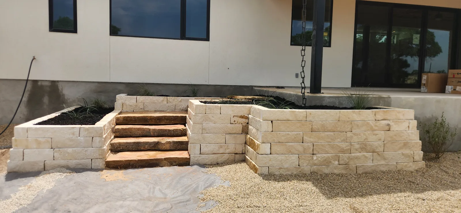 Finished stone steps and retaining walls
