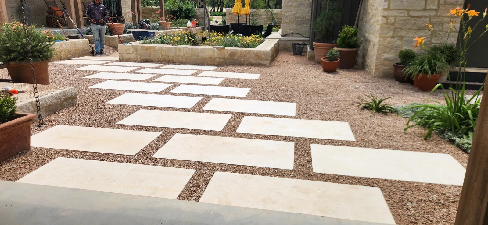 Geometric paver path with gravel joints