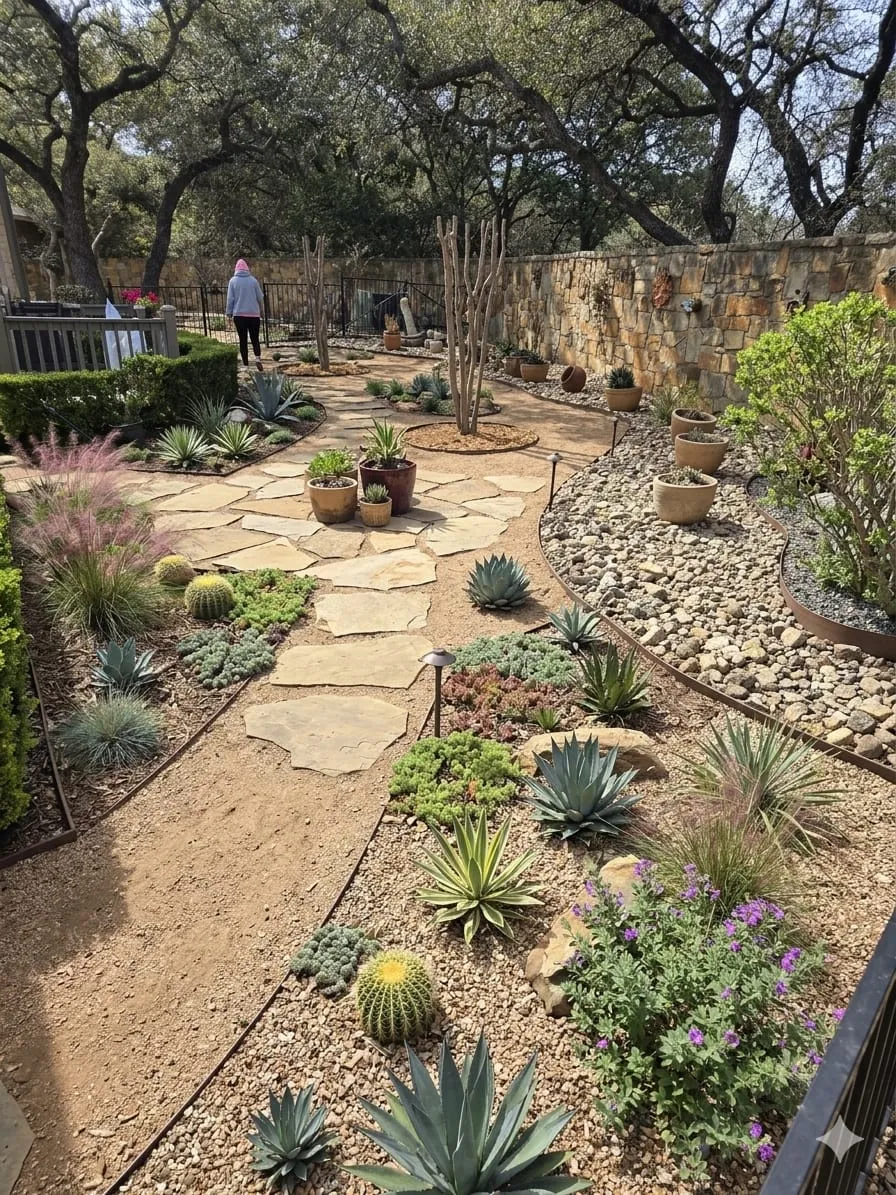 Finished flagstone path winding through a drought-tolerant garden