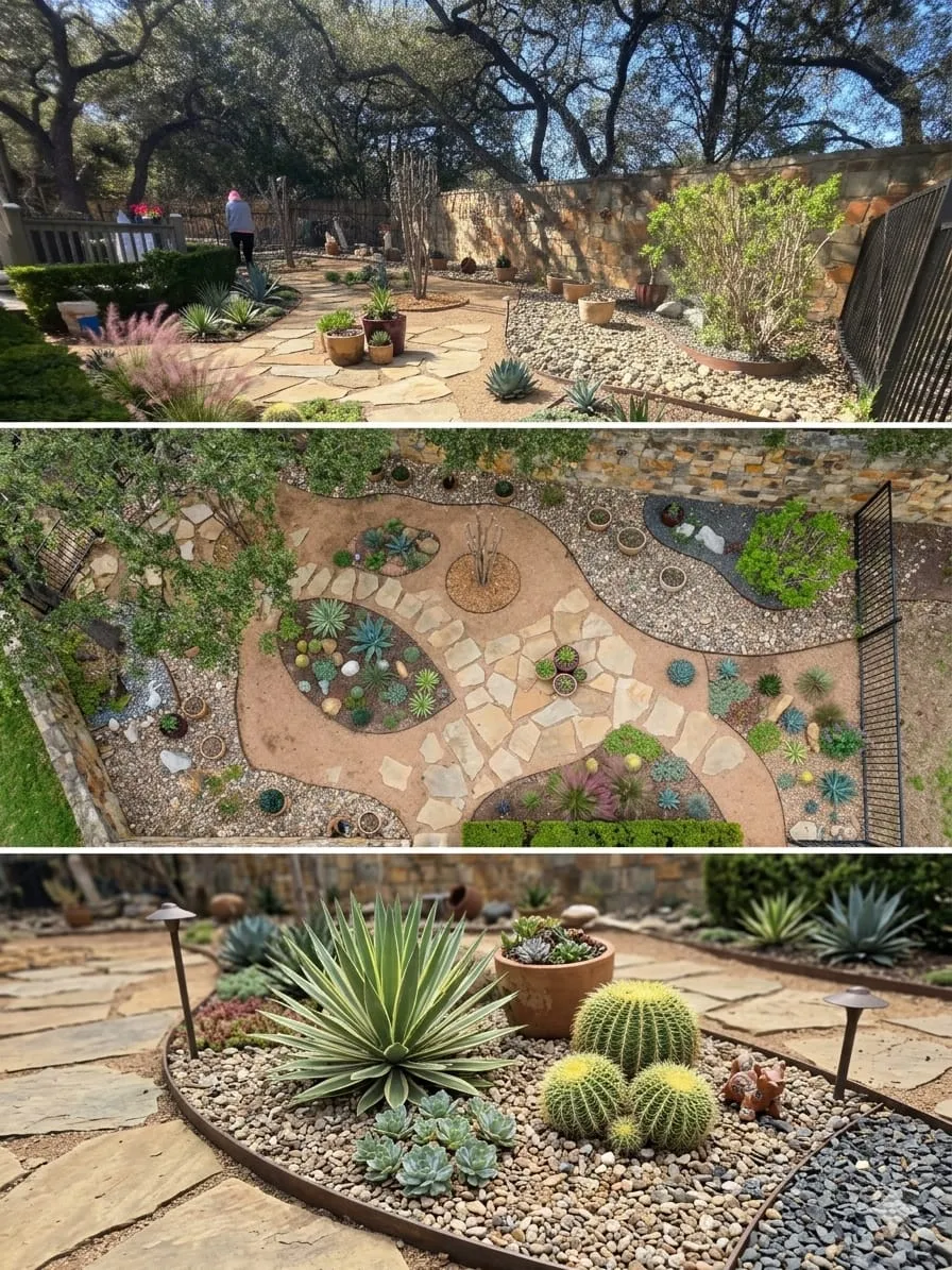 Aerial and detail views of curved gravel beds, stone paths and low-water planting
