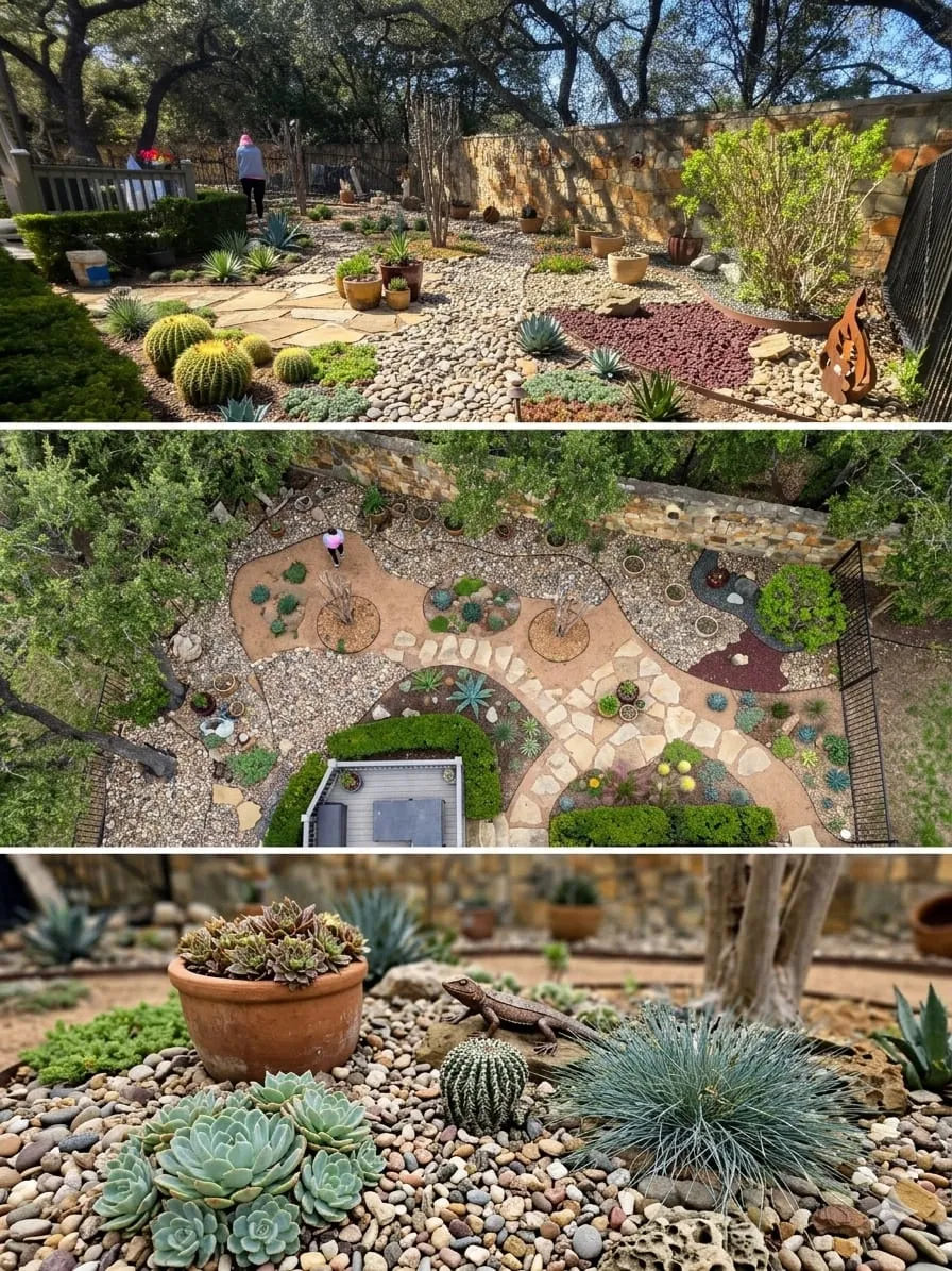 Project collage showing an aerial view and close details of a completed xeriscape garden with flagstone paths